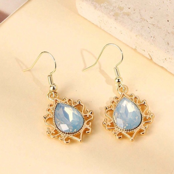 “Andean Opal Lace Teardrop” Milky Blue Filigree Ornate Victorian Steel Earrings - Picture 5 of 8